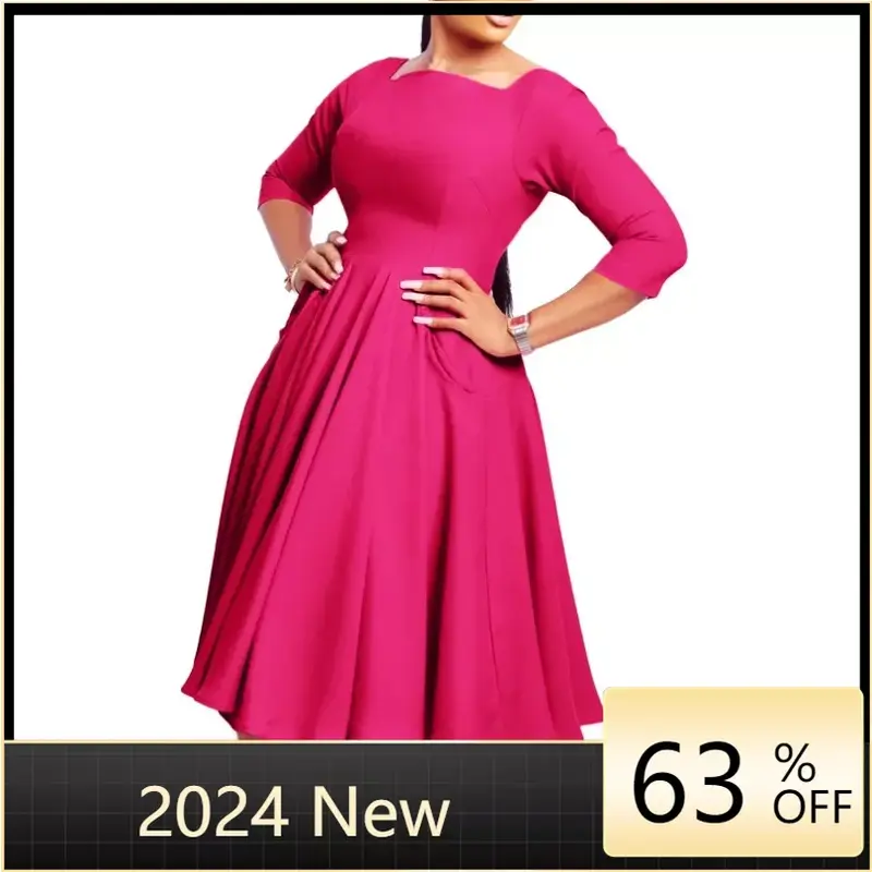 African Dresses for Women Spring 2024 Elegant Africa 3/4 Sleeve Polyester Black Blue Rose Red Midi Dress Dashiki Africa Clothing