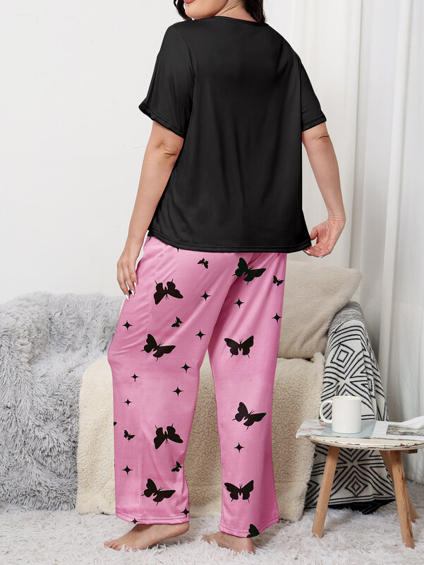 Plus Size Pyjama Set, Liebe kurz ärmel ige Schmetterlings hose, geeignet für zu Hause und Freizeit kleidung. Kurz ärmel iges Hosen-Set, plus