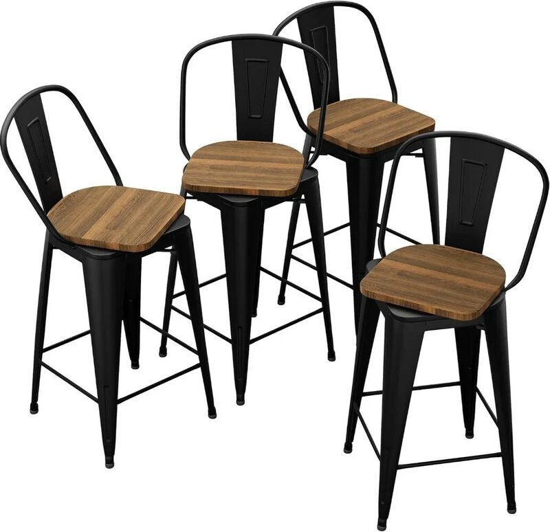 Andeworld 24 Inch Swivel Bar Stools Industrial Metal Barstools High Back Dining Bar Chairs Counter Height Stools with Wooden
