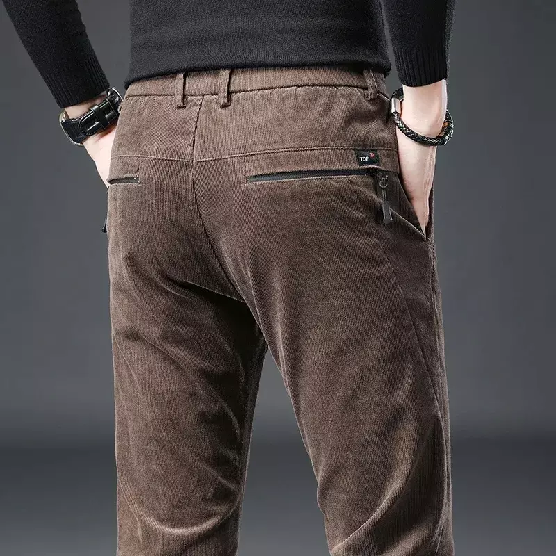 Winter Men's Slim Fit Straight Corduroy Fleece Pants High Quality Cotton Stretch Simple Clothing Pure Fit Casual Trouser