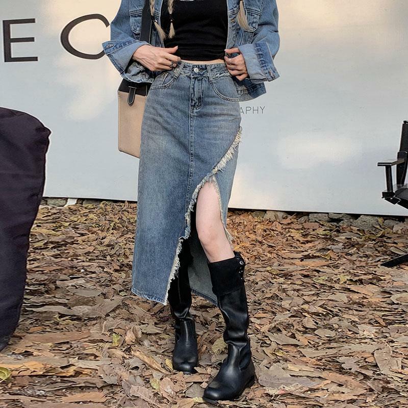 Jupe en jean taille haute pour femme, fente irrégulière, jean trapèze, longueur moyenne, streetwear sexy, mode féminine, été