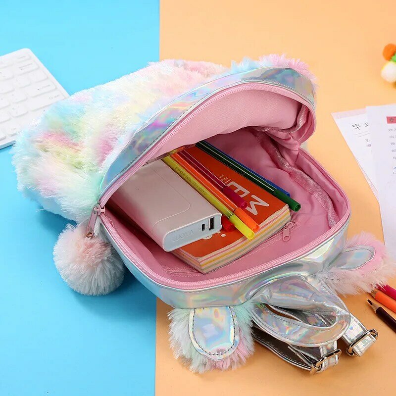 Школьные ранцы для девочек, плюшевый маленький рюкзак Kawayi, серебристые лазерные ПУ Детские сумки, детский подарок, 11 дюймов
