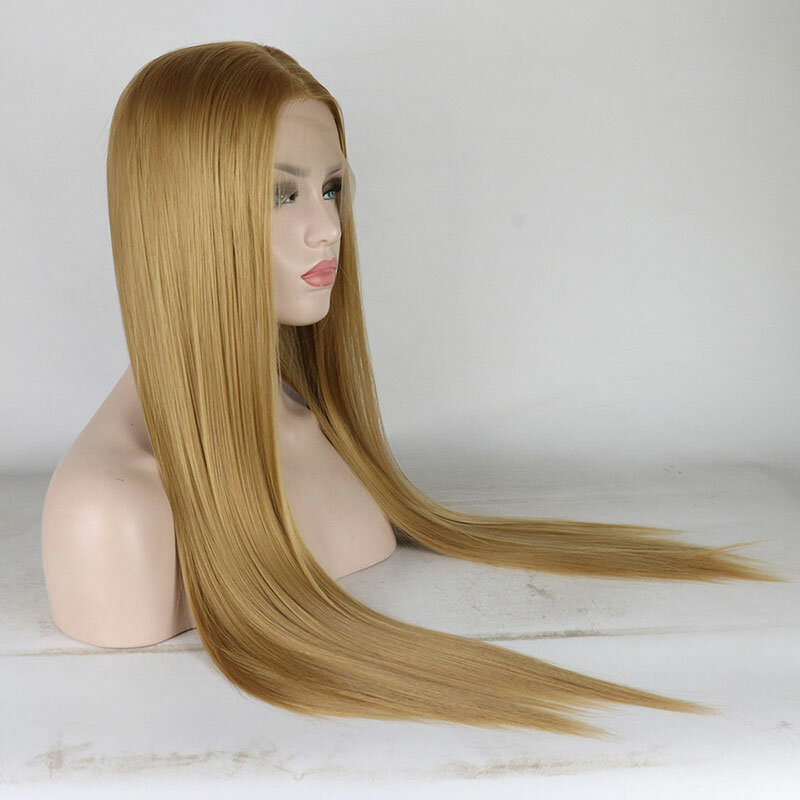 Złoty kolor proste syntetyczne 13x4 koronkowe peruki z przodu bezklejowe wysokiej jakości włókno termoodporne naturalną linią włosów dla kobiet mody