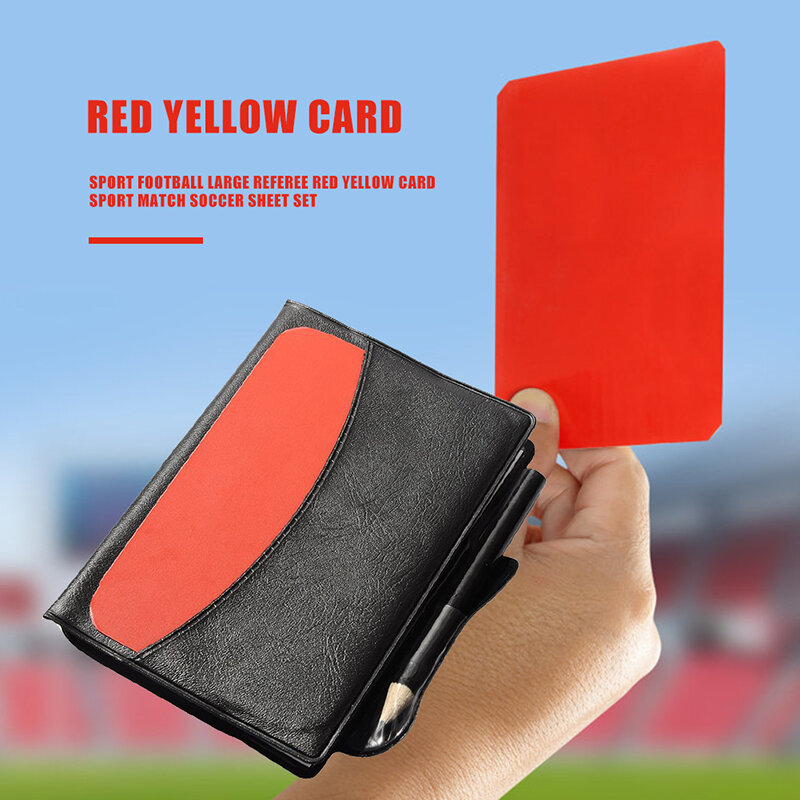 Libro de registro de árbitro de fútbol, tarjetas rojas y amarillas fluorescentes con billetera de cuero y papel de grabación de lápiz, equipo de fútbol