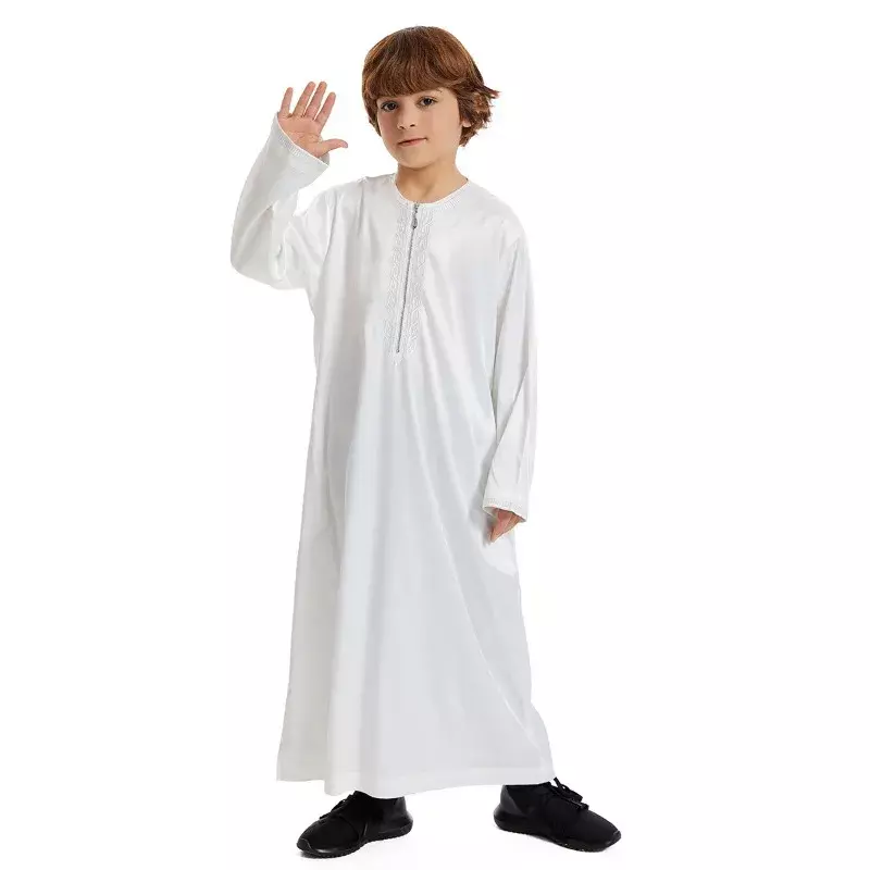 2024 neue muslimische Kinder roben nah östliche arabische Jungen Reiß verschluss gedruckt Rundhals ausschnitt Langarm Hemd islamische Roben Kleidung