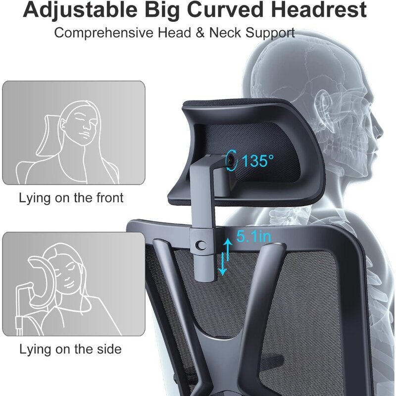 인체공학적 사무실 의자-조절식 허리 지지대, 머리 받침대 및 3D 금속 팔걸이 포함, 높은 등받이 책상 의자-130 ° 흔들림