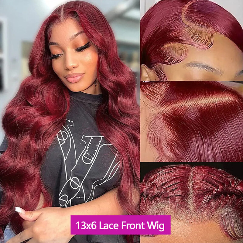 Perruque Full Lace Front Wig naturelle Body Wave, cheveux humains, couleur rouge bordeaux 99j, 13x4, 13x6 HD, pre-plucked, 360