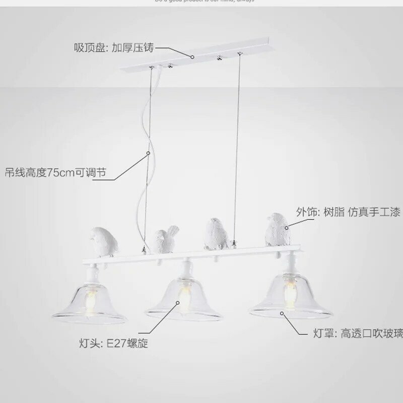 Lámpara LED de cristal para decoración del hogar, luces colgantes de 3 cabezales de estilo nórdico para restaurante, pájaro, balcón, cafetería, hierro
