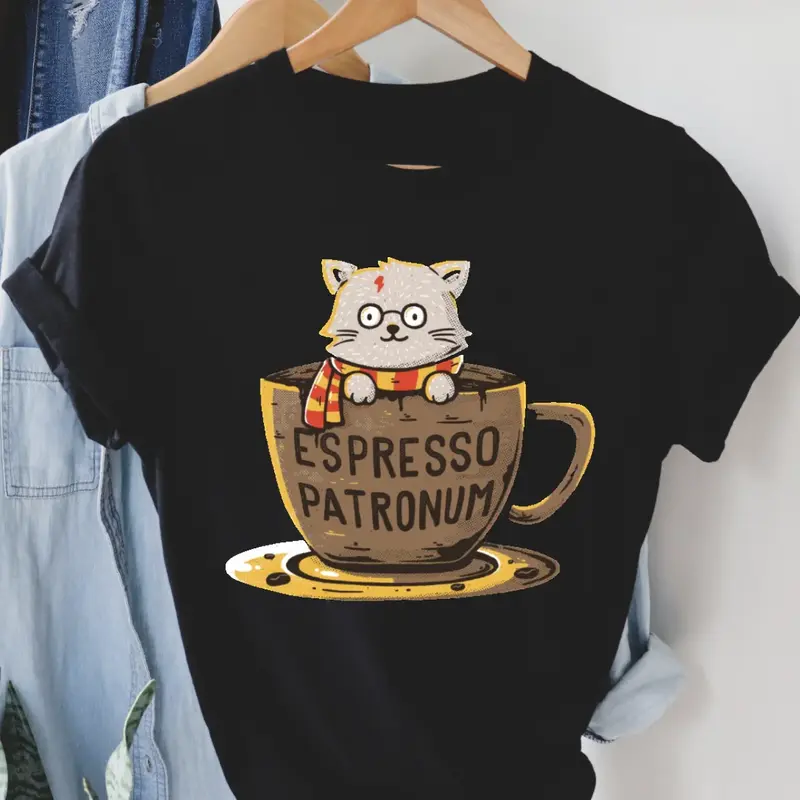 Camiseta de algodón para mujer, camisa de cuello redondo, estilo Harajuku, manga corta, patrón de gato de dibujos animados, moda informal, Simple
