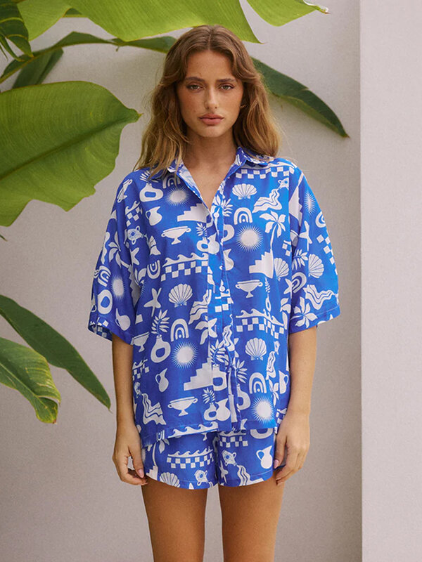 Marthaqiqi Printing Summer Ladies Nightwear Suit Half Sleeve Pajamas Turn-Down Collar Sleepwear Shorts Casual Home Clothes Women