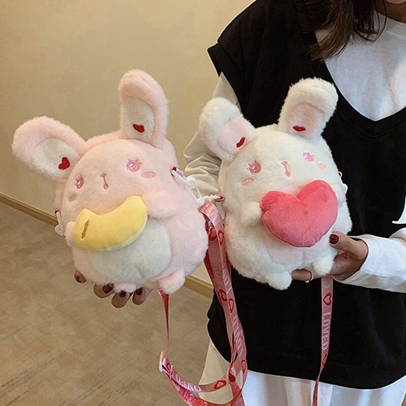 NEW-2X 가방 소녀 귀여운 토끼 메신저 백, 지갑 보관 가방, 메신저 숄더백, 토끼 가방, 소녀 하트, 화이트 & 핑크