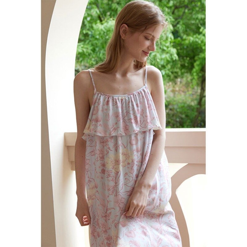 2024 Summer Rayon Satin Fashion Night Dress Women Elegant Flower Print Suspender Nightgown Viscose Sleeveless Sexy Sleepwear