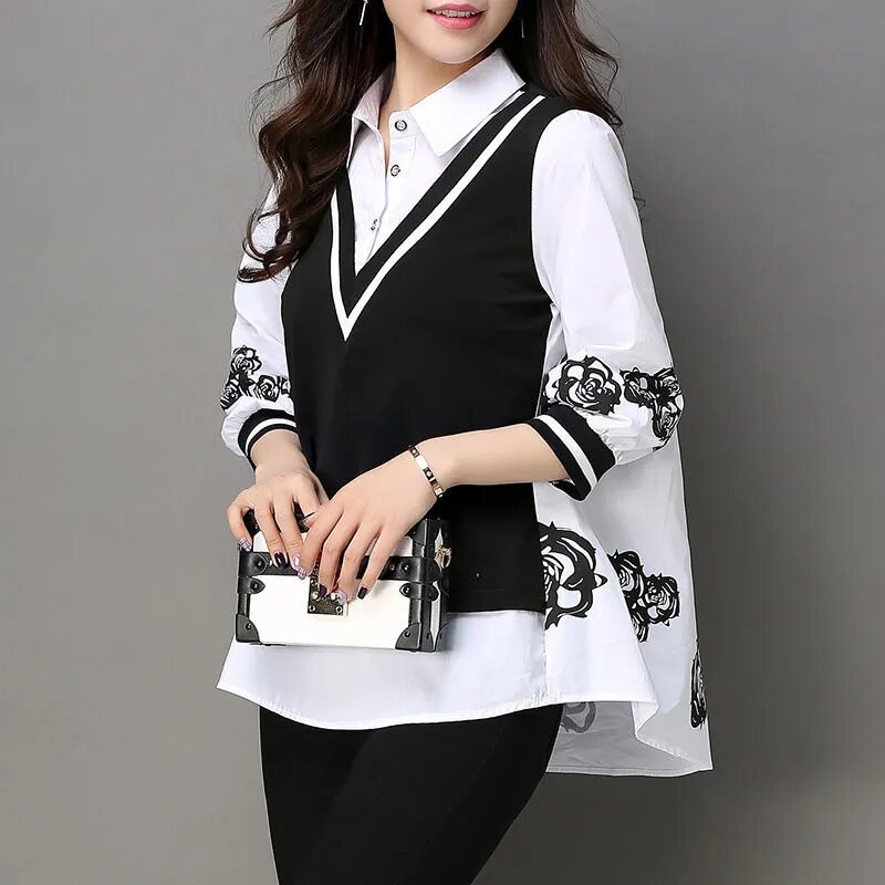 เสื้อสองชิ้นปลอมแขนสามส่วนขนาดใหญ่พิเศษสำหรับผู้หญิงเสื้อโค้ทเสื้อท่อนบนเสื้อเบลาส์ MODE Korea แบบสวมหัว