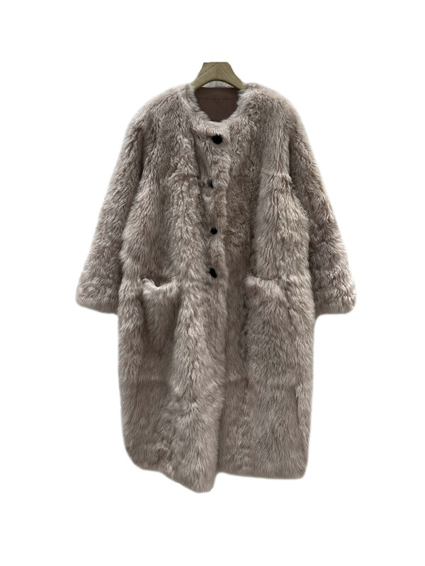 Abrigo largo de piel con cuello redondo, abrigo holgado con diseño de botonadura única, cálido y cómodo, novedad de invierno 2023, 1220