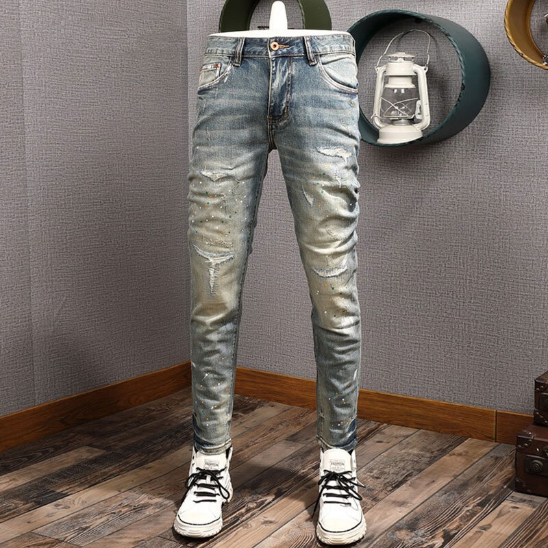 High Street Fashion celana Jeans pria Retro dicuci biru Stretch Slim Fit robek Jeans Pria dilukis desainer Hip Hop celana Denim Hombre