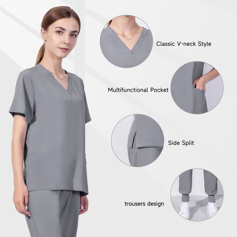 Workwear enfermagem mulheres esfrega calças elásticas por atacado uniforme de trabalho feminino manga curta pescoço topos dental hospital scrubs ternos