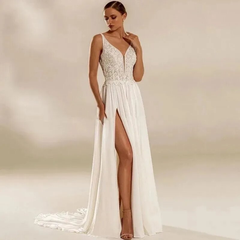 Gaun pengantin sifon pantai baru kerah V tanpa lengan renda applique A-Line Panjang menyentuh lantai gaun pengantin wanita 2024