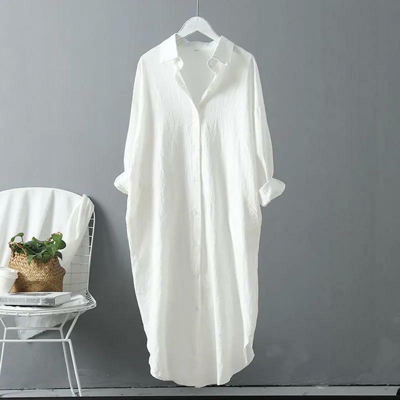 흰색 폴로 넥 단색 캐주얼 코튼 린넨 긴팔 셔츠, X-롱 셔츠, 한국 여성 의류, 용수철 상의