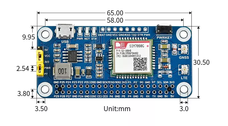 NB-IoT Cat-M(eMTC) GNSS HAT, SIM7080G 기반, 라즈베리 파이 아두이노 STM32 에 전 세계적으로 적용 가능