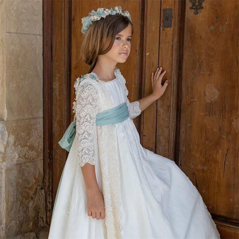 Kwiatowy wzór, w sielskim stylu dziewczynka aplikacja na sukienkę 3/4 rękawów kokardka z pasem długość podłogi na ślub sukienka urodzinowa komunia święta dla dzieci