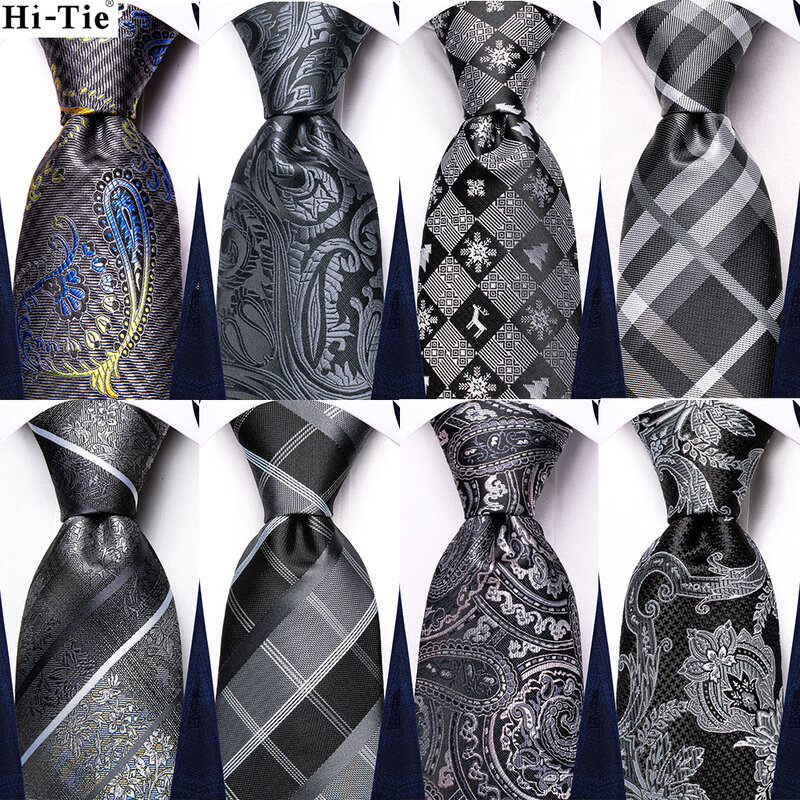 Silk Necktie For Men White Grey Plaid Hanky Cufflink Set Wedding Party Business Men Tie Fashion Brand Hi-Tie 2022 New Mens Tie