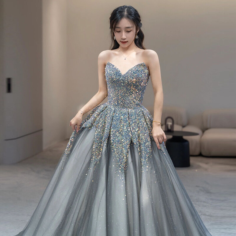 2024 Strapless Quinceanera Dresses Sleeveless Silvery Shiny A-line Luxury Lace Embroidery Vestidos De 15 Anos Party Prom