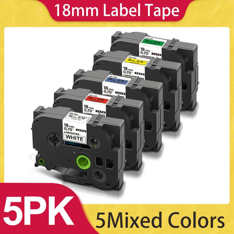 A ABColor 5PK-Cinta de etiquetas laminada para impresora Brother p touch, 18mm, 241, 241, 141, 641, 344, 345