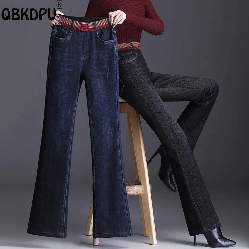 Moda feminina em retalhos vintage, jeans largos, cintura alta, calça jeans skinny stretch, primavera e verão, fundo de sino, nova