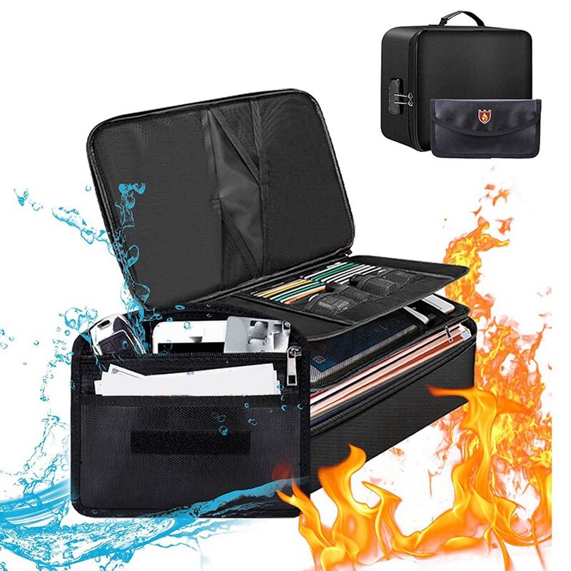 耐火ファイルオーガナイザーバッグ、防水ドキュメントボックス、お金、ロック付きの金庫バッグ
