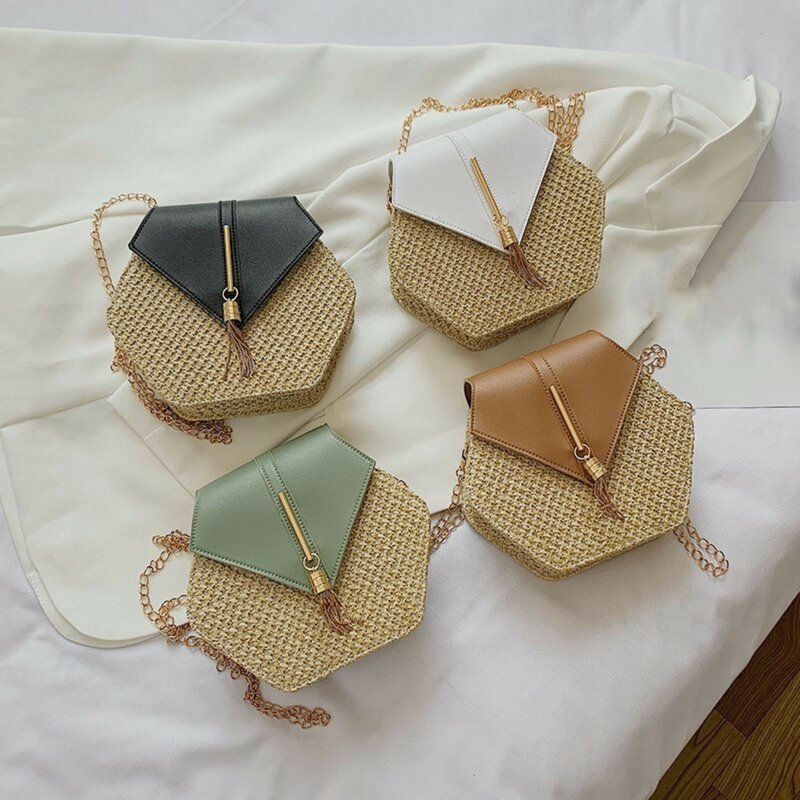 กระเป๋าถือทรงหกเหลี่ยมทำจากฟาง + หนังผู้หญิงกระเป๋าหวายสานทำด้วยมือกระเป๋าสะพายไหล่ชายหาดสไตล์โบฮีเมียน