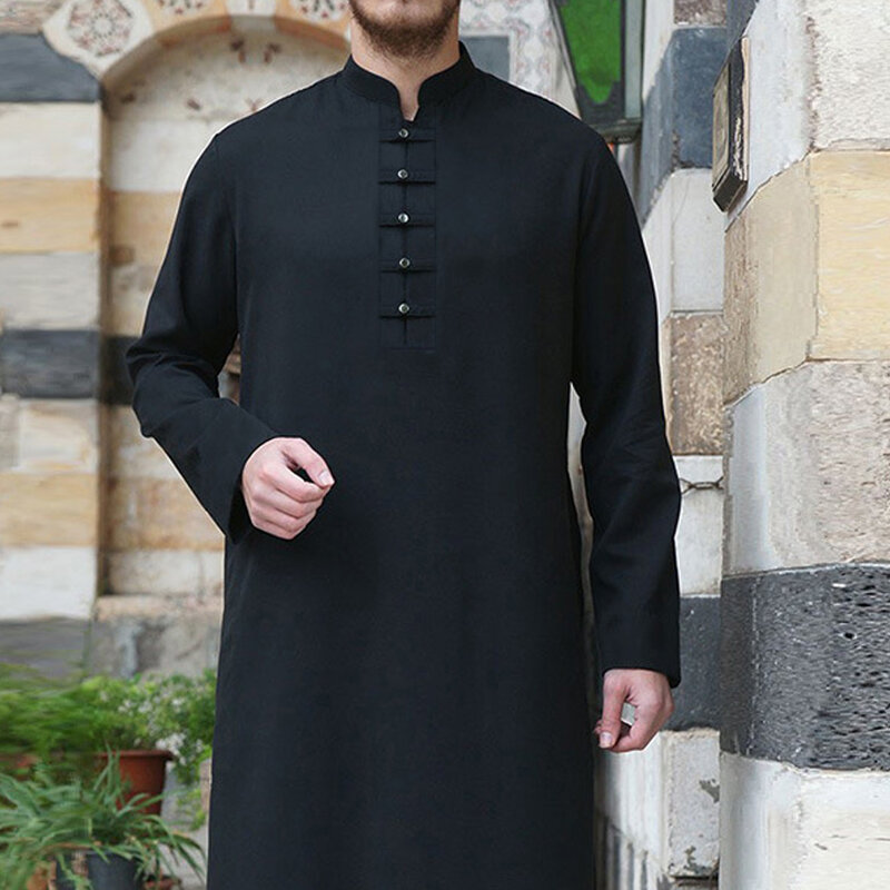 Men Jubba Thobe Saudi Arabia Islamic Clothing Black Long Sleeve Abaya Muslim Fashion Kaftan Oversized Casual Men Kaftan
