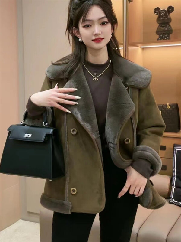 Design coreano con colletto ribaltabile, giacca di media lunghezza, giacca invernale per bambini nuova pelliccia imitazione addensata integrata in lana di agnello