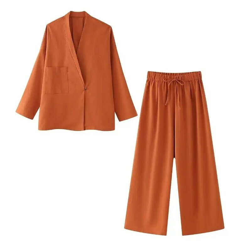 Traje de 2 piezas para mujer, traje de lino holgado con cuello en V, chaqueta + Pantalones de pierna ancha con cintura elástica, novedad de 2024