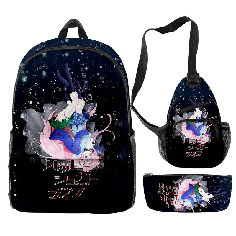 해피 슈가 라이프 애니메이션 배낭 3 개 세트, 지퍼 데이팩, 유니섹스 트래발 가방, 하라주쿠 학생 학교 가방, 2023 신제품