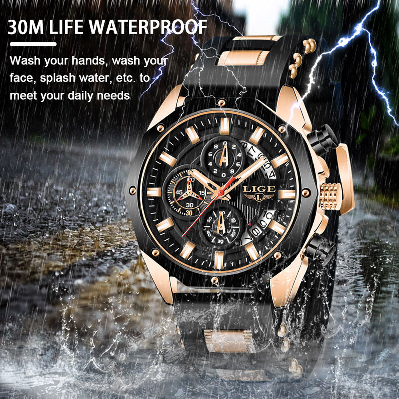 2023 LIGE New Fashion Mens Watches Top Brand Luxury Silicone Sport Watch Men Quartz Date Clock Waterproof Wristwatch Chronograph