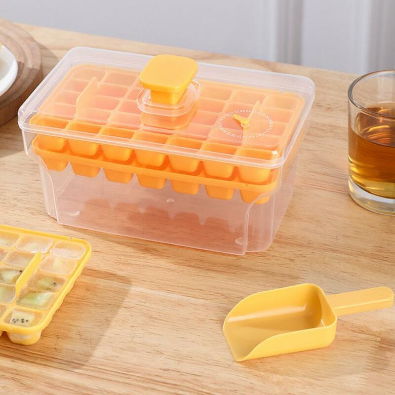 Top Button Ice Cube Maker Ice Cube Mold with Lid Bin Set for Freezer Reusable Ice Tray with Scoop for Whiskey Cocktail Coffee