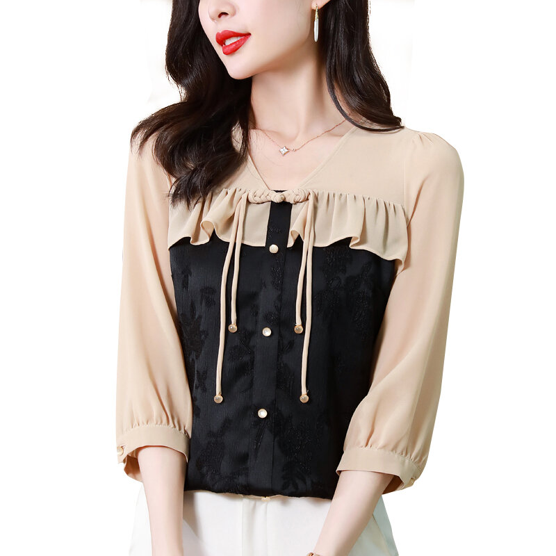 Шифоновая рубашка с рукавом 3/4, топ, женские модные Жаккардовые Рубашки, женские элегантные шифоновые блузки
