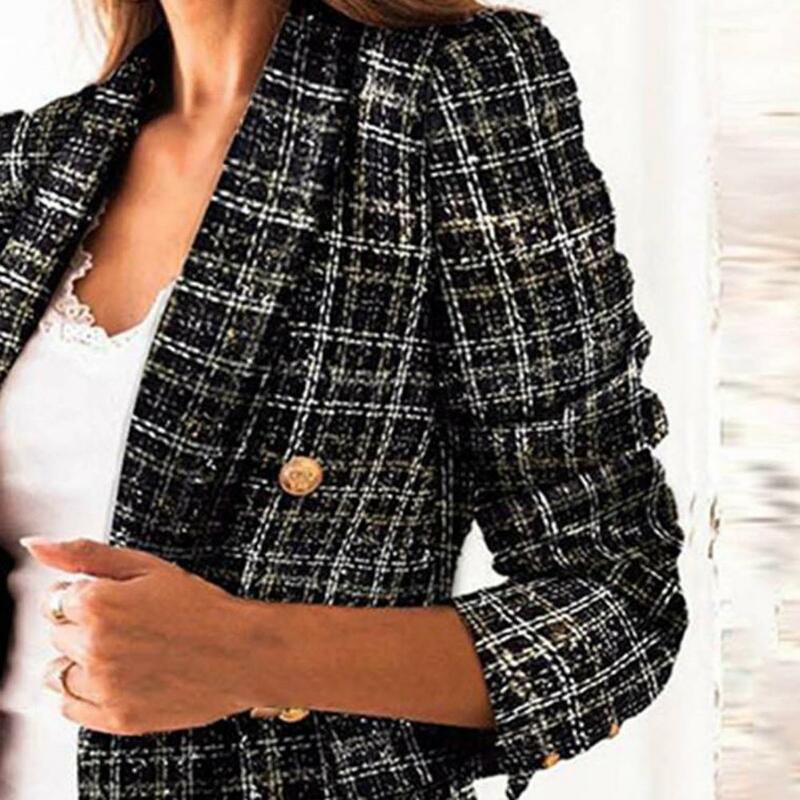 Jaket Wanita Disesuaikan Kerah Kotak-kotak Double-Breasted Kasual Ramping Wanita Blazer untuk Kantor
