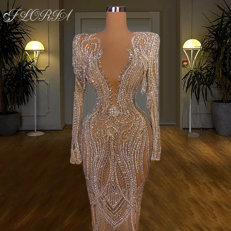 Robe de mariée Sparkly Beaded Crystals Evening Dress Elegant Deep V Neck Sequin Prom Gowns Couture Formal Occasion Dresses 2023