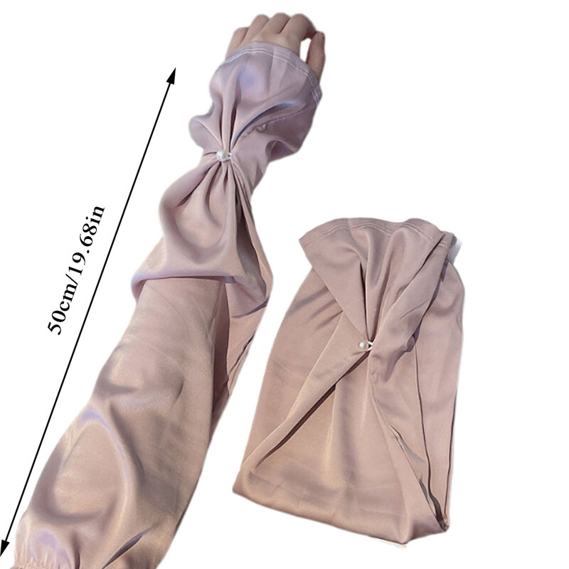 Summer Ice Silk Sleeve Women Sun Protection Gloves Imitation Pearl Button Driving Arm Sleeve Solid Anti Uv Sunburn Cool Mittens