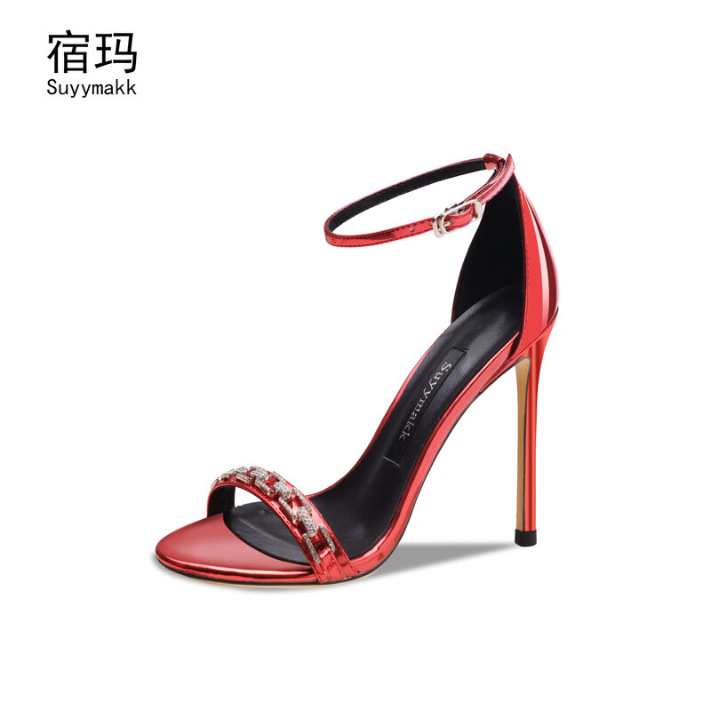 Sandalias de tacón alto para mujer, zapatos de marca de lujo con punta abierta y correa en el tobillo, para fiesta y bodas, 2023