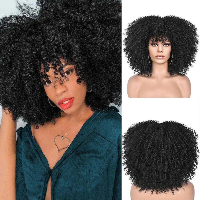 Short Afro Kinky Curly Wig With Bangs For Black Women Cosplay Natural Hair Ombre Mixed Brown Blonde Pink Synthetic Wigs