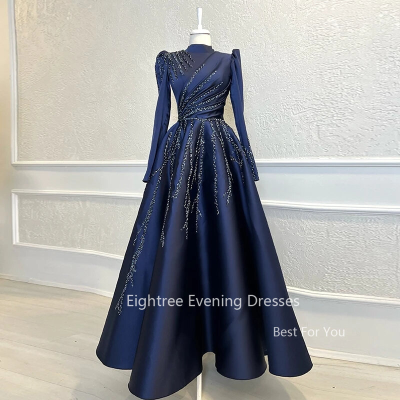 Eightree-Sky Blue vestidos de noite formais para mulheres muçulmanas, mangas compridas, gola alta, apliques brilhantes, vestidos de baile de renda, árabe, lindo