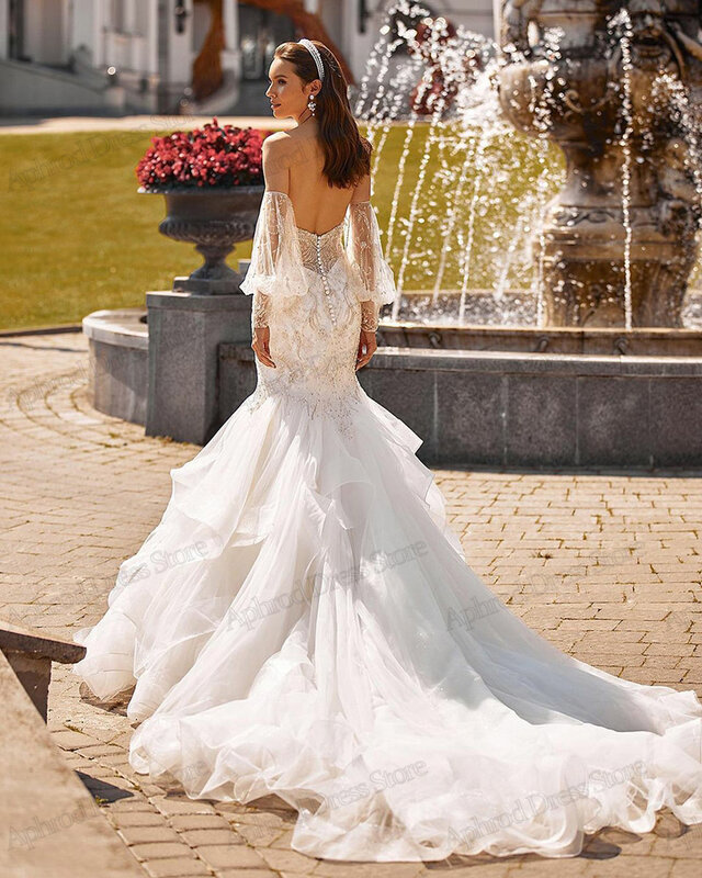 Lindo vestidos de casamento com bainha de renda, sereia apliques, sexy sem alças, vestidos de noiva sem costas, até o chão, 2024