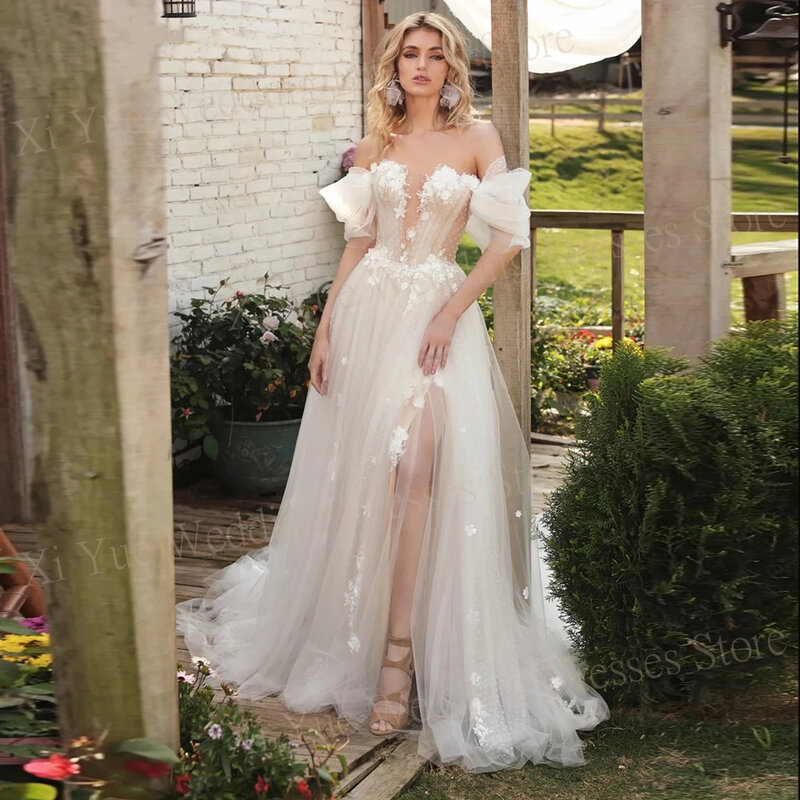 우아한 아름다운 A 라인 웨딩 드레스, 연인 오프 숄더 신부 가운, 3D 꽃 아플리케, 노비아