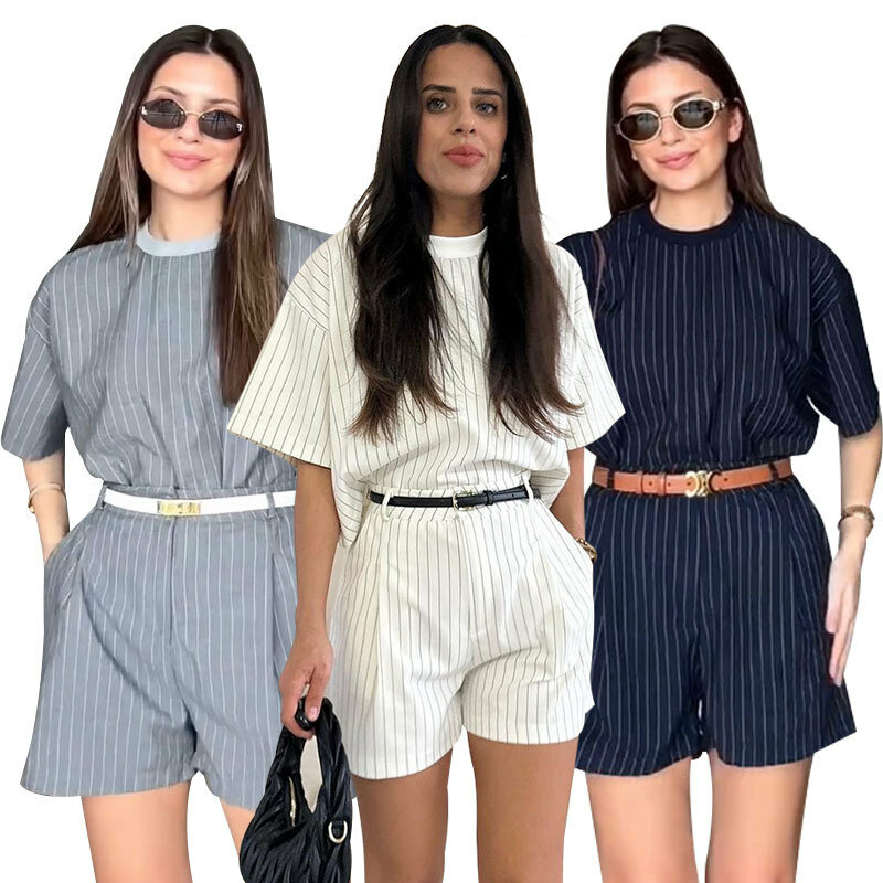 Summer New Striped Round Neck Pullover Women's Two-piece Fashion Casual Shorts Suit Office Suit Summer Sets Womens Outfits