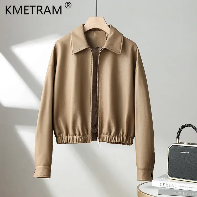 Jaqueta de couro real feminina, casaco de pele de carneiro genuíno lapela casual, jaquetas de couro vintage de alta qualidade 2024