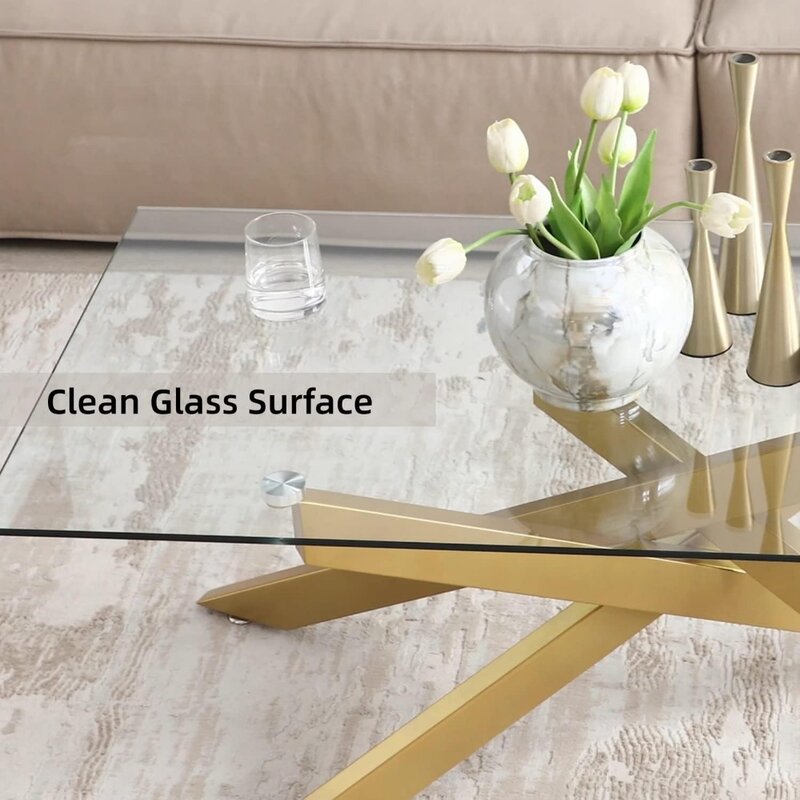โต๊ะกาแฟทรงสี่เหลี่ยมทันสมัยโต๊ะกาแฟสำหรับห้องนั่งเล่นกระจกนิรภัยด้านบนและขาท่อโลหะออกแบบที่นั่งปลาย