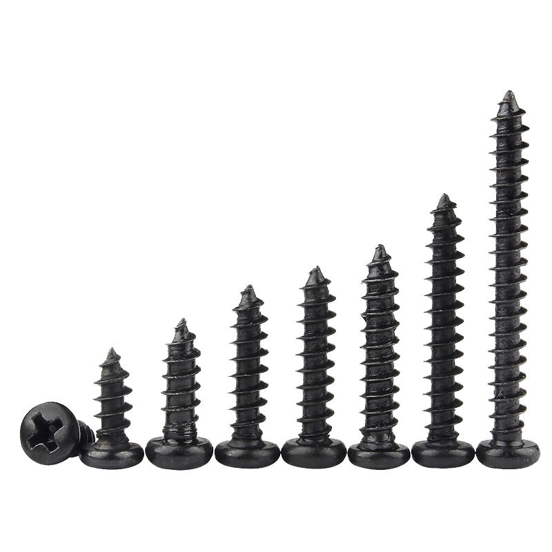 100 pcs/lot Cross Round Head Phillips Self-tapping Screw M1 M1.2 M1.4 M1.5 M1.7 M2 M2.3 M2.6 M3 M3.5 M4 M5 Black Carbon Steel
