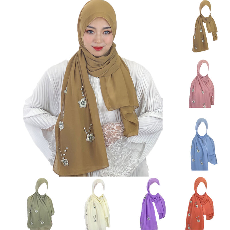 Turbante Hijab musulmán de gasa para mujer, bufanda larga con cuentas de flores árabes islámicas, chal para la cabeza, Fular de Color sólido